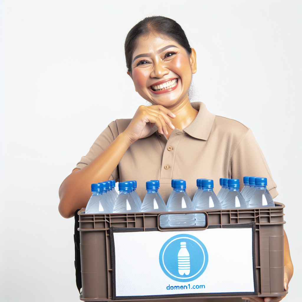 A delivery person holding a case of water bottles, smiling at the camera. The water bottles have the domen1.com logo on them.