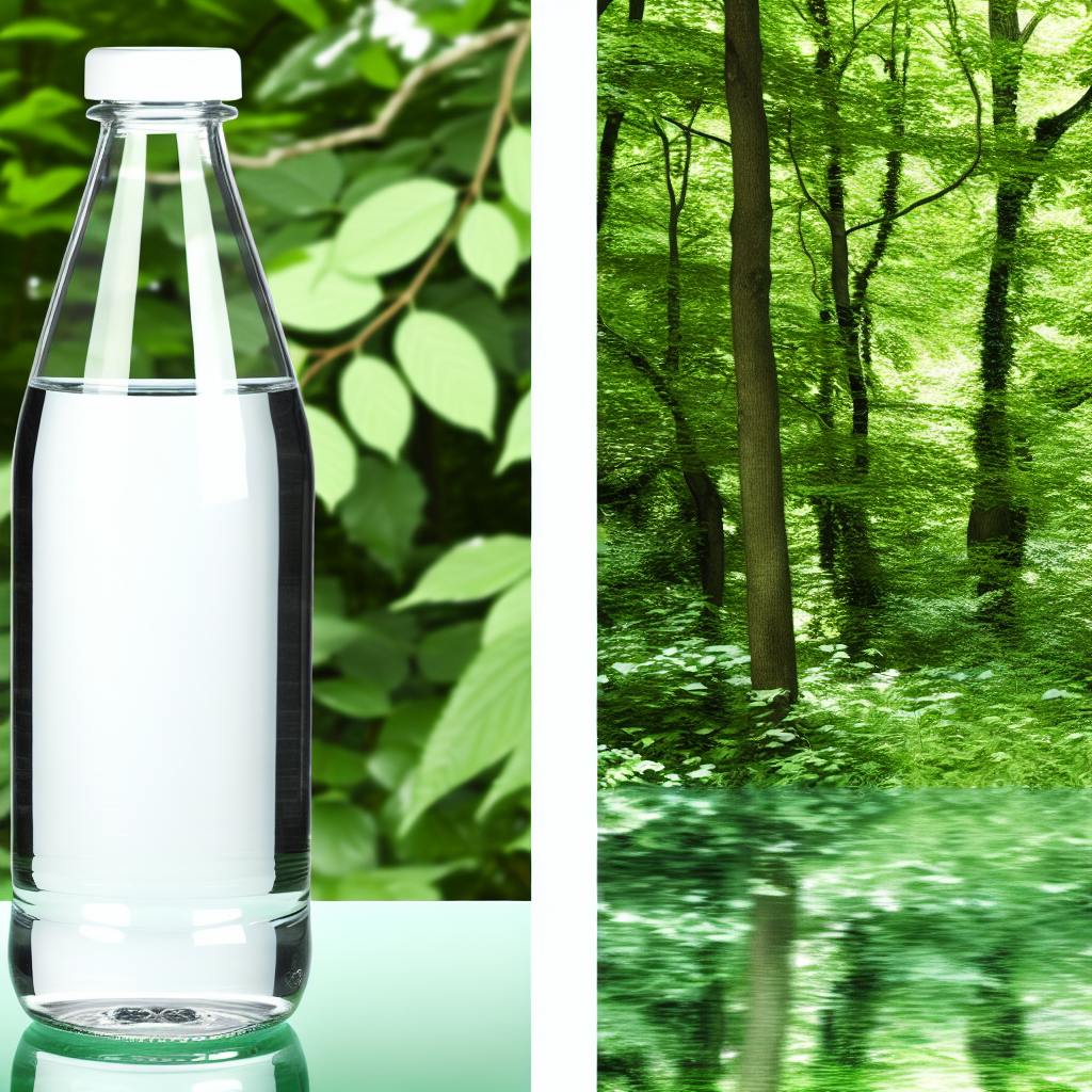 A clear glass bottle filled with pure spring water, with a lush green forest in the background