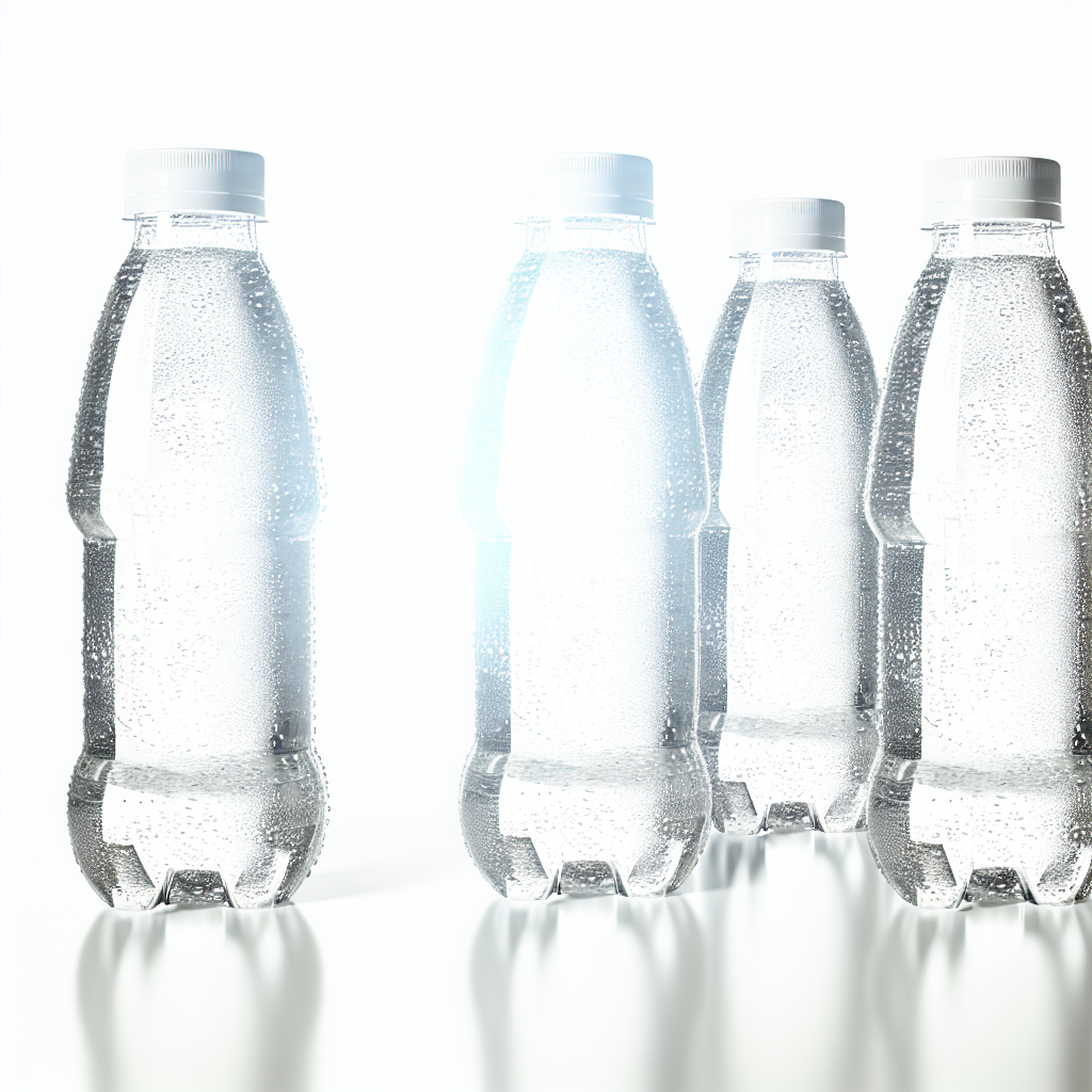 Three glass bottles of pure mineral water on a white background, with water droplets visible on the bottles