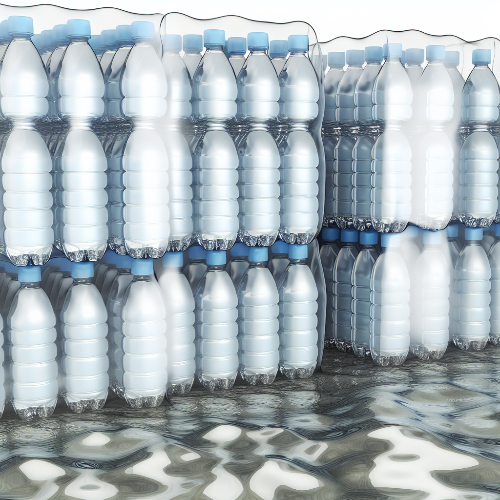 Stacks of purified water bottles in clear plastic packaging