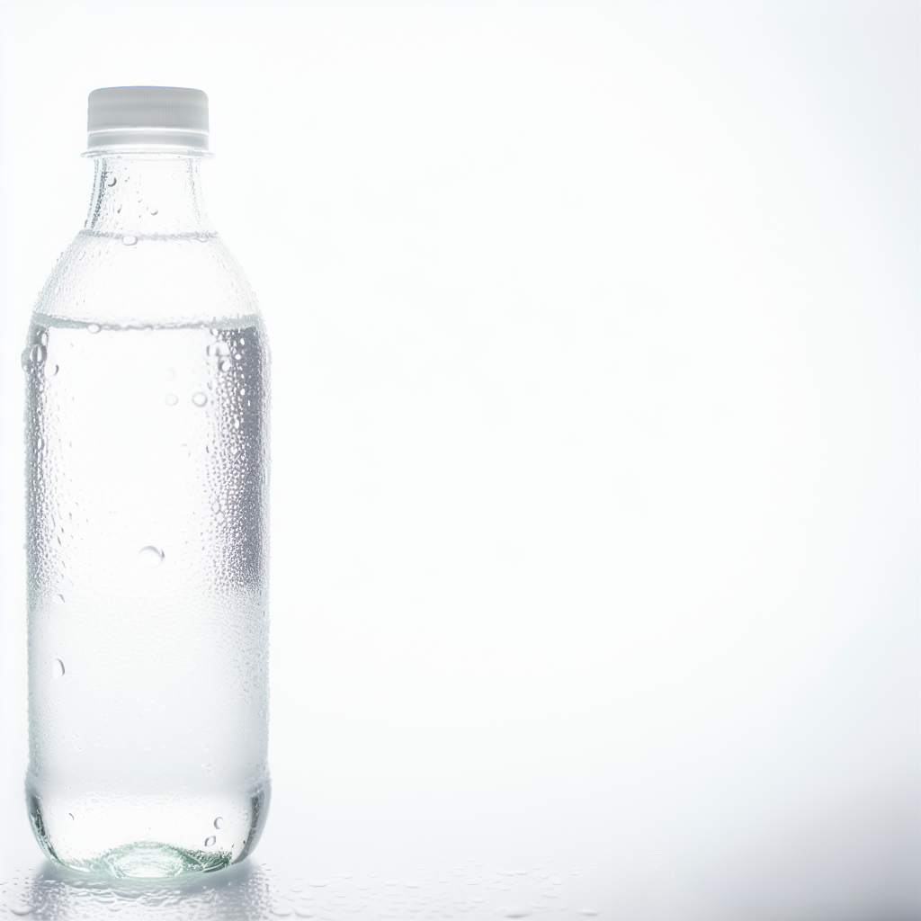 Clear glass bottle filled with pure spring water, with water droplets on the outside of the bottle, against a white background