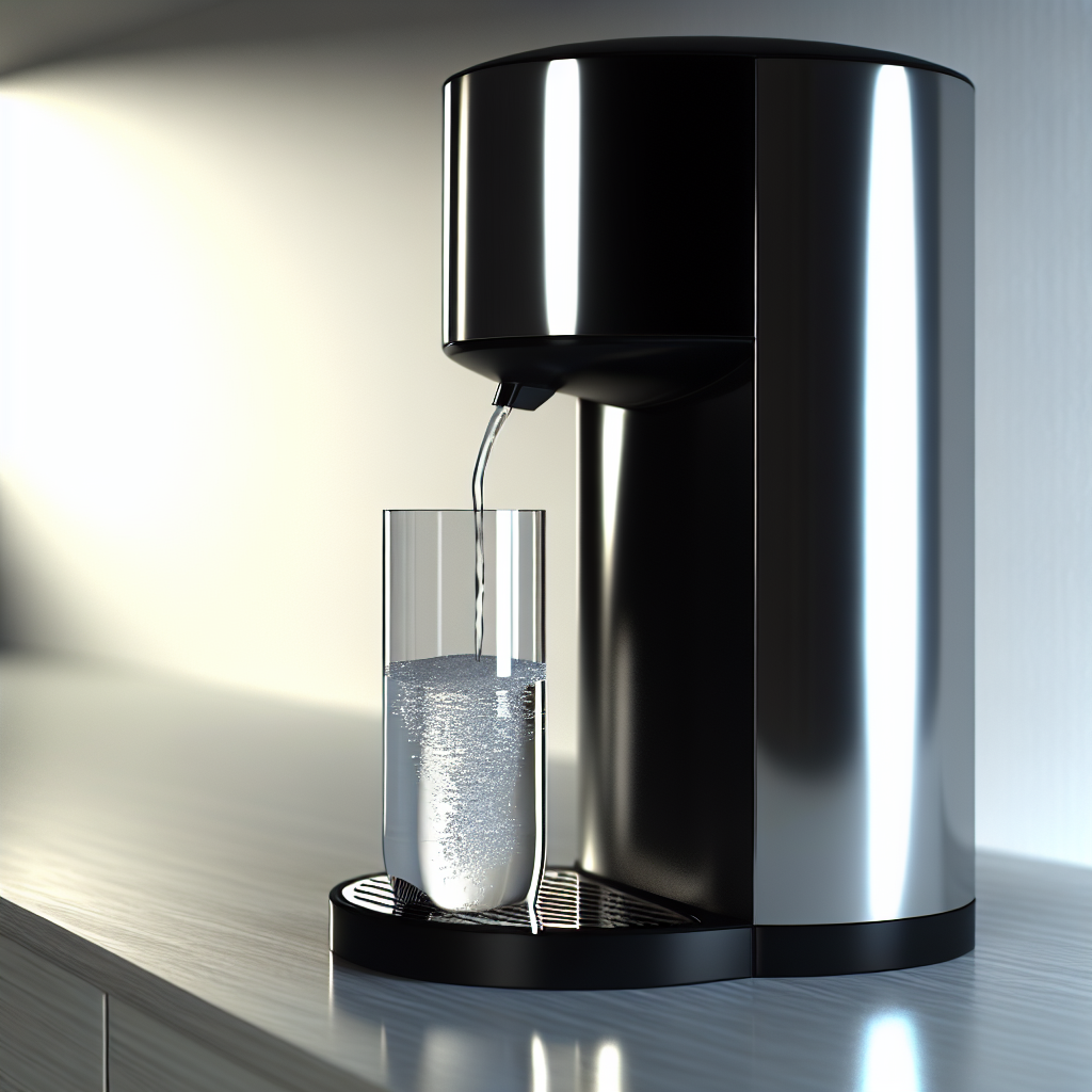 A sleek, modern water dispenser dispensing crystal-clear purified water into a glass