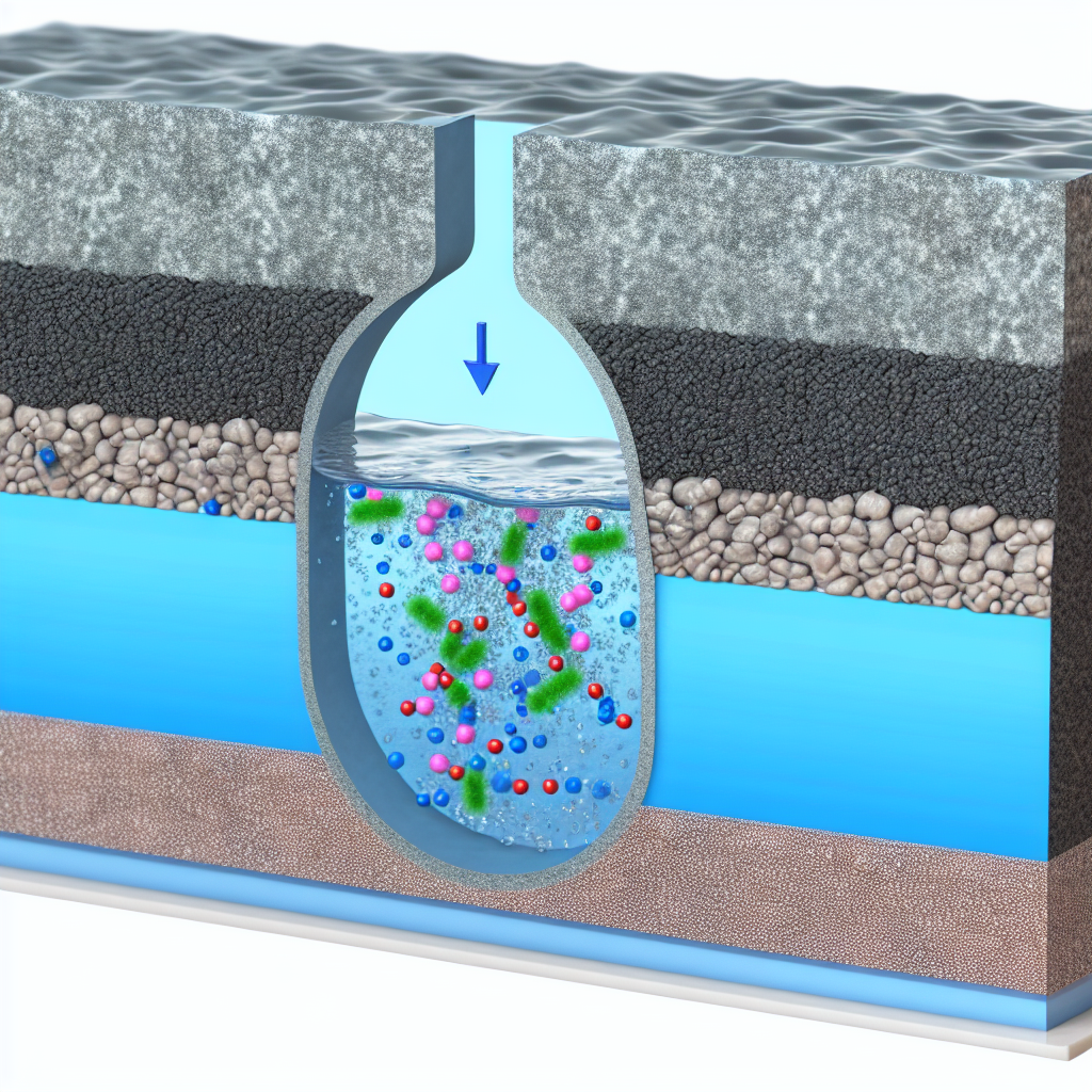 Diagram showing activated carbon granules absorbing impurities from water