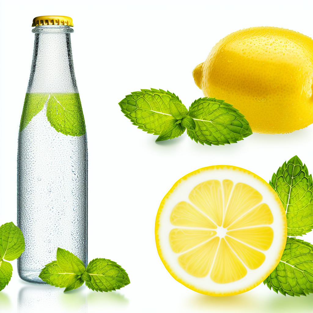 A glass bottle of mineral water, with condensation on the outside, next to a sliced lemon and mint leaves